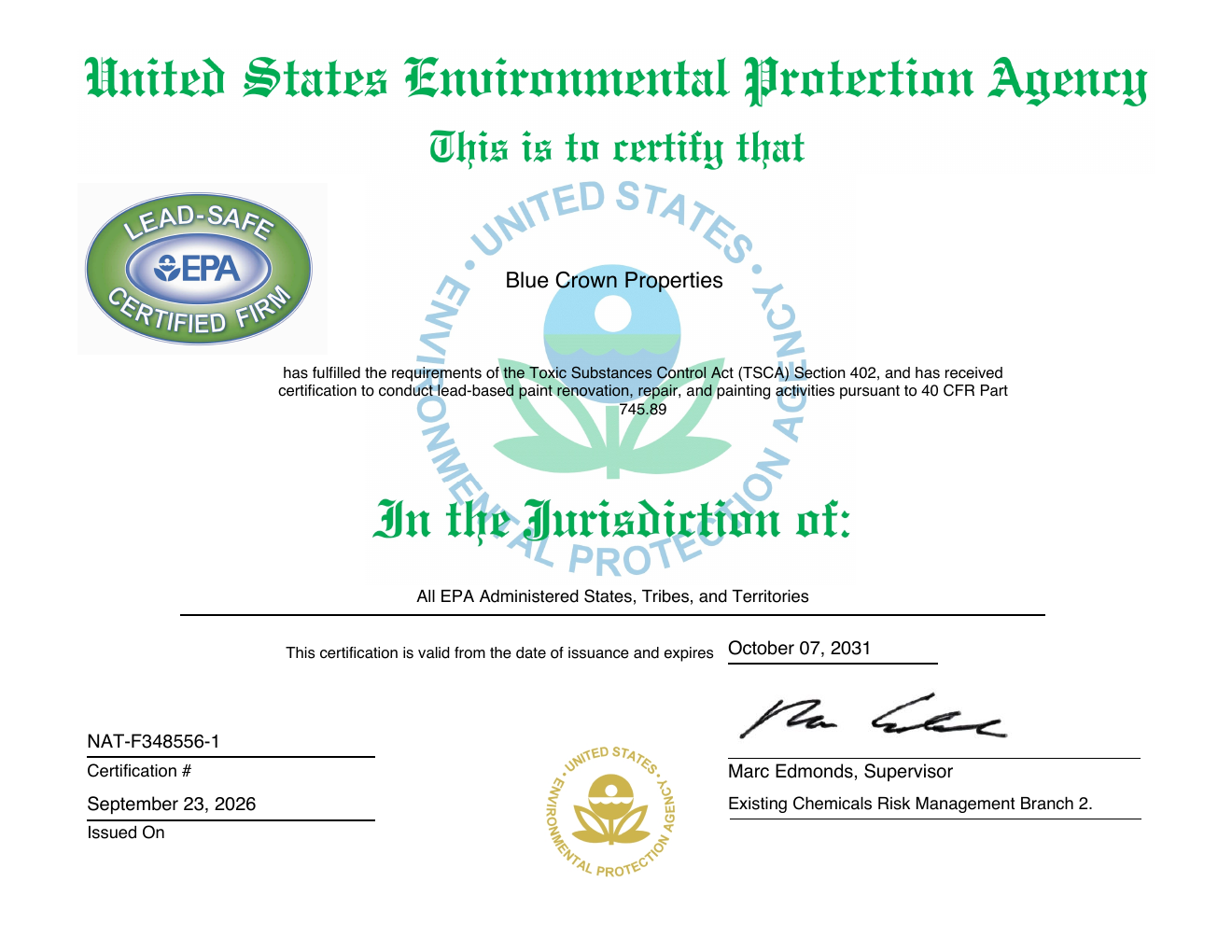 Preview of the EPA Lead-Safe Certified Firm approval certificate for Blue Crown Properties