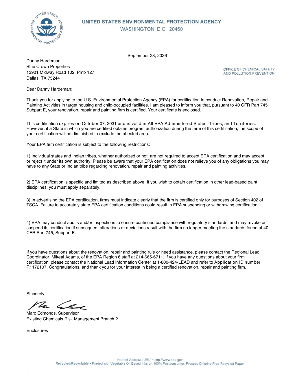 Preview of the EPA Lead-Safe Certified Firm letter of approval for Blue Crown Properties