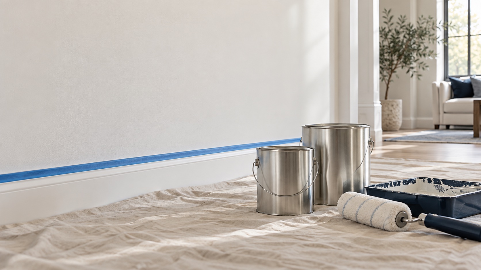 Two paint cans and a roller beside a wall prepared for painting