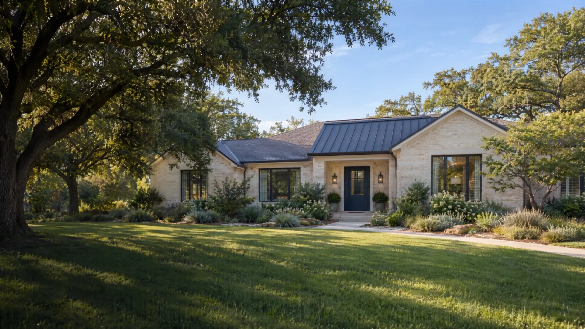 Illustrative North Texas home with pale brick, a navy front door, and mature live oaks
